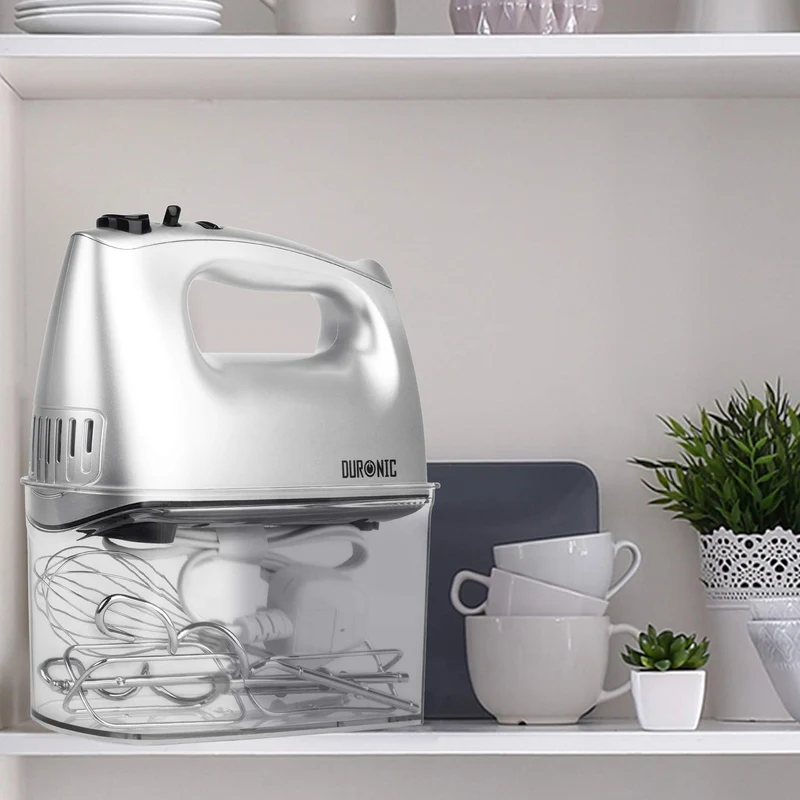 Duronic HM4 SR Batteur électrique cuisine à main 400W | 5 vitesses avec fonction Turbo | Compartiment de rangement | 2 batteurs 2 crochets à pétrir et 1 fouet | Argenté
