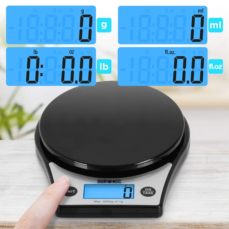 Duronic KS6000 BK Balance de cuisine noire – Capacité de 5 kg – Large écran rétroéclairé – Bol de 2 L inclus – Fonction d'ajout de poids – Précision à 1 g – Idéale pour la pâtisserie ou comme balance postale