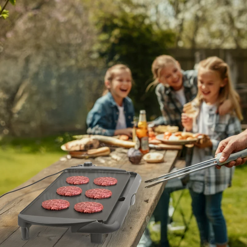 Duronic GP20 Plancha électrique antiadhésive XL 6 à 8 personnes 2000W 52 x 27 cm avec thermostat et bac à jus amovible Cuisson sans ajout de matière grasse idéal pour soirée en famille et amis