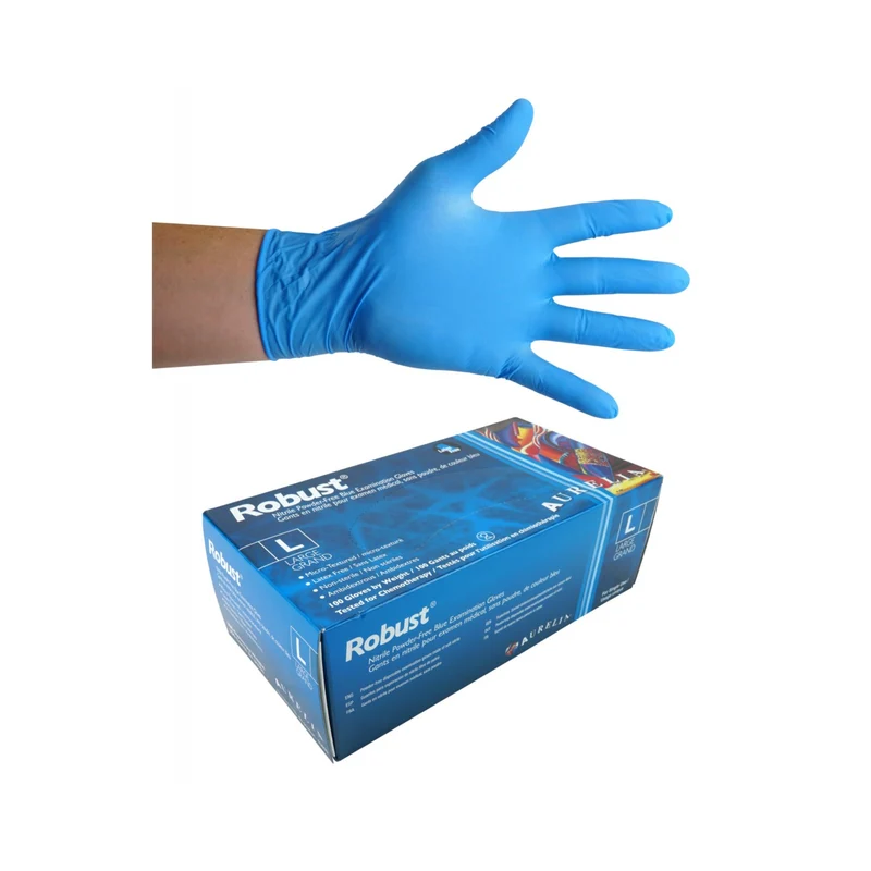 Disposable nitrile gloves - Large - 5 mil - Powder-free - Micro-textured - Robust - Blue - Aurelia 93898 - Box of 100 pairs