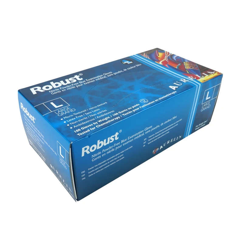Disposable nitrile gloves - Large - 5 mil - Powder-free - Micro-textured - Robust - Blue - Aurelia 93898 - Box of 100 pairs