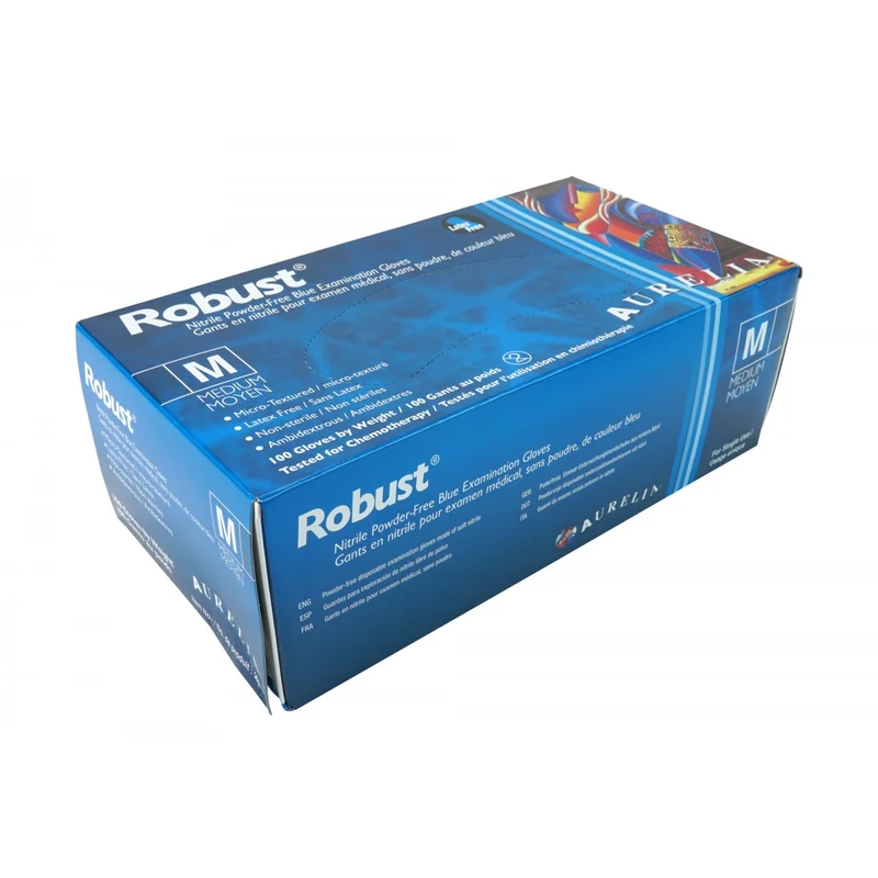 Gants jetables en nitrile - médium - 5 mm - sans poudre - micro-texturés - Robust - bleu - Aurelia 93897 - boîte de 100