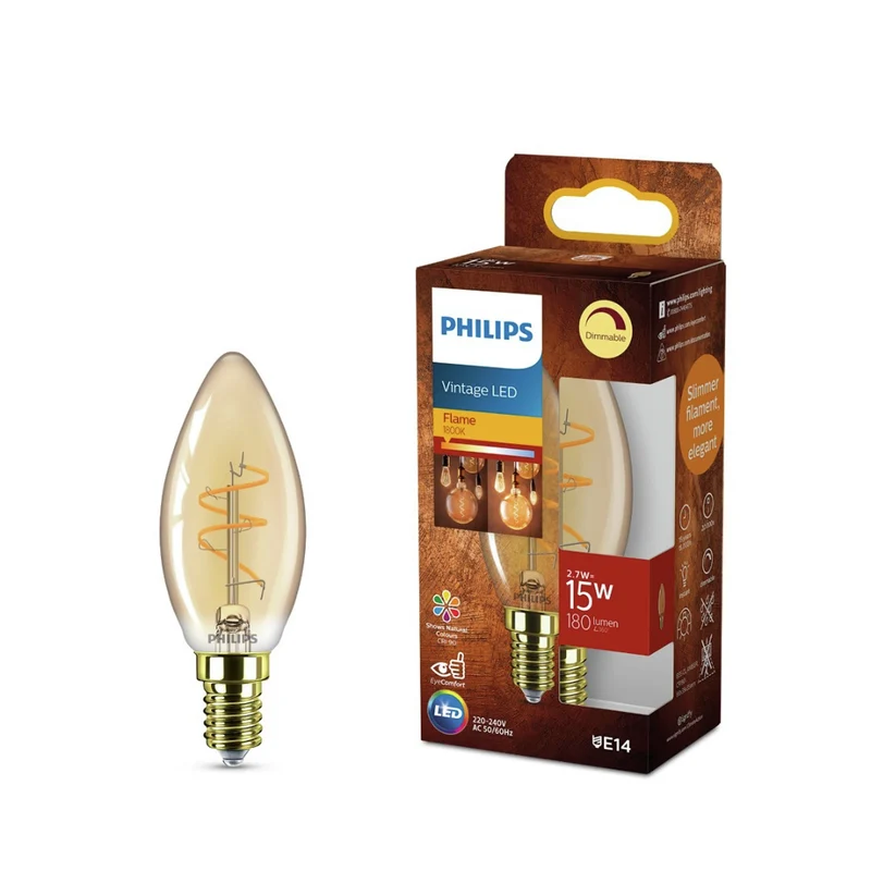 PHILIPS - Lampe LED 15W E14 180Lm filament de bougie dorée