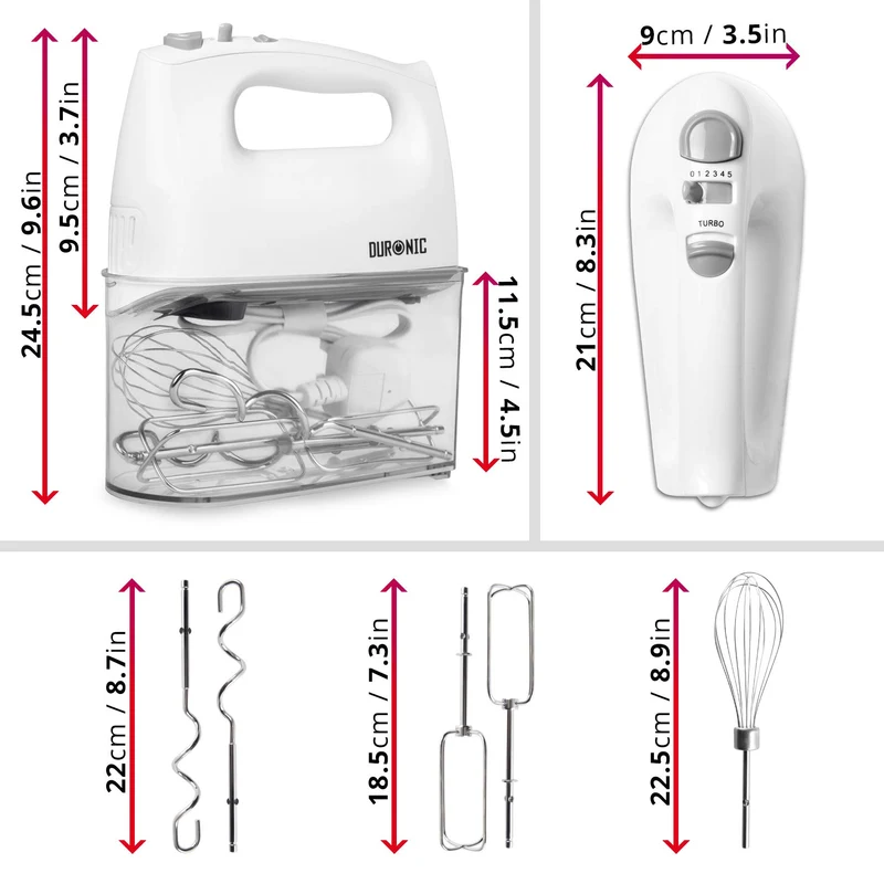 Duronic HM4 WE Batteur électrique cuisine à main 400W | 5 vitesses avec fonction Turbo | Compartiment de rangement | 2 batteurs 2 crochets à pétrir et 1 fouet | Blanc