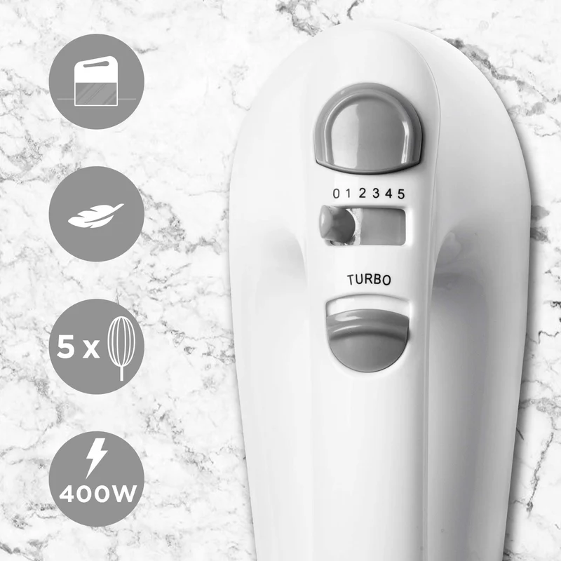 Duronic HM4 WE Batteur électrique cuisine à main 400W | 5 vitesses avec fonction Turbo | Compartiment de rangement | 2 batteurs 2 crochets à pétrir et 1 fouet | Blanc