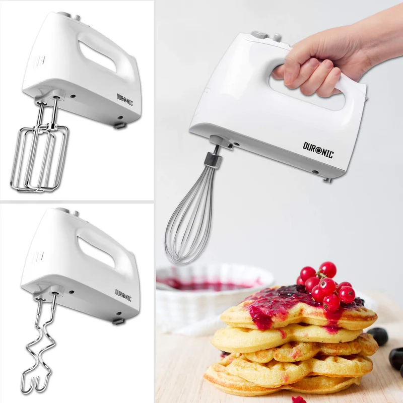 Duronic HM4 WE Batteur électrique cuisine à main 400W | 5 vitesses avec fonction Turbo | Compartiment de rangement | 2 batteurs 2 crochets à pétrir et 1 fouet | Blanc