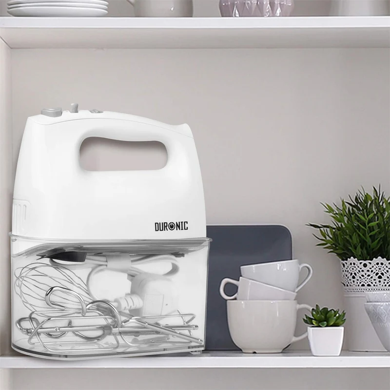 Duronic HM4 WE Batteur électrique cuisine à main 400W | 5 vitesses avec fonction Turbo | Compartiment de rangement | 2 batteurs 2 crochets à pétrir et 1 fouet | Blanc