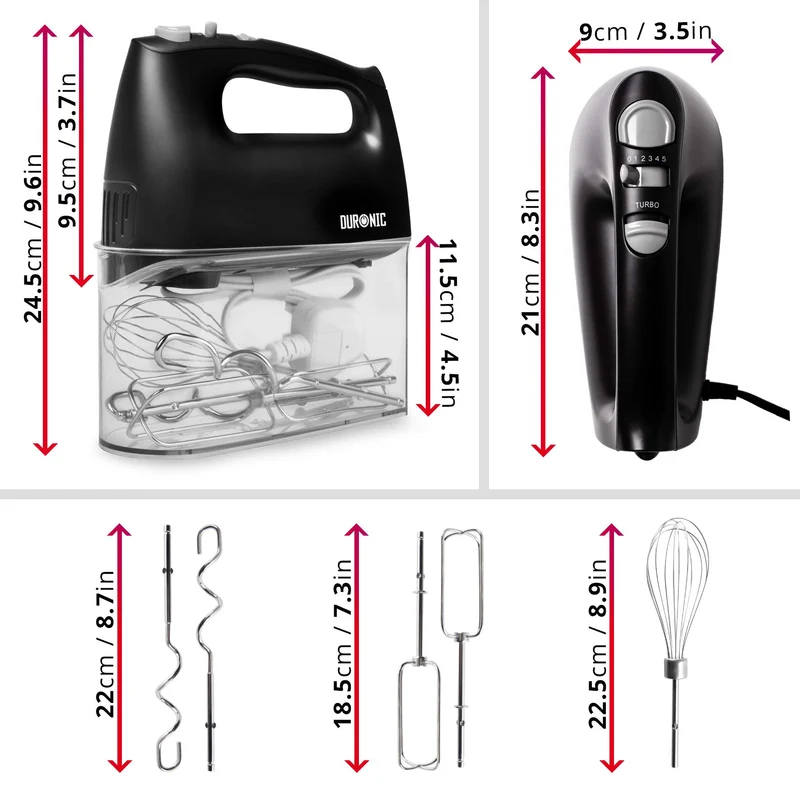 Duronic HM4 BK Batteur électrique cuisine à main 400W | 5 vitesses avec fonction Turbo | Compartiment de rangement | 2 batteurs 2 crochets à pétrir et 1 fouet | Noir