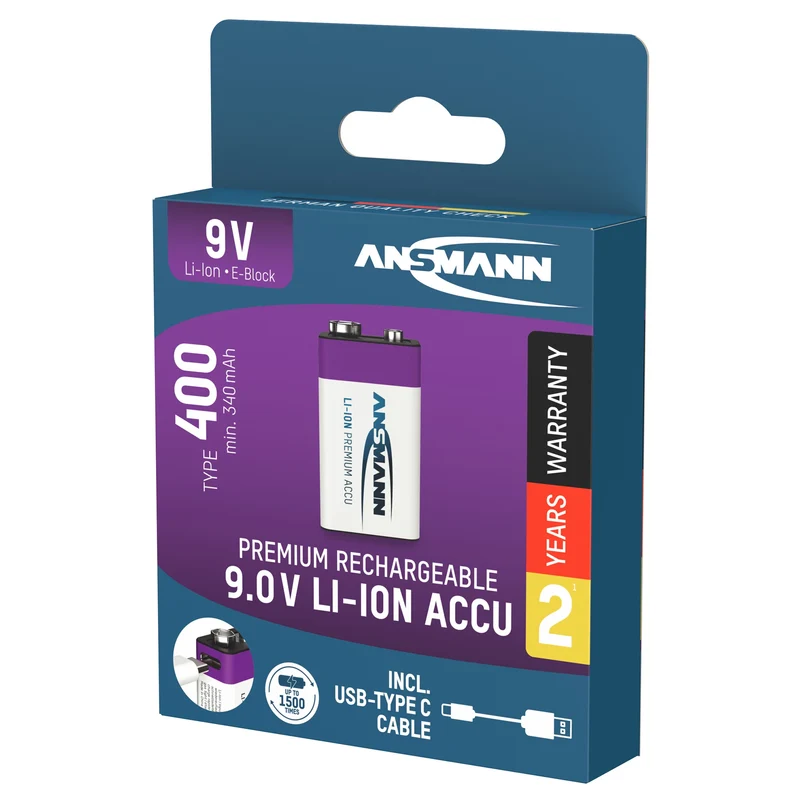 ANSMANN - batterie rechargeable Li-Ion 1x 9V 400mAh + câble