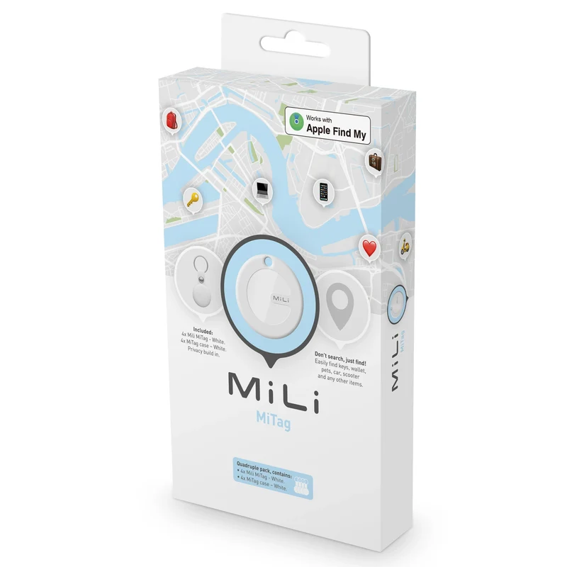 MILI - Traceur Bluetooth MiTag (MFi) + pendentif blanc 4 pièces