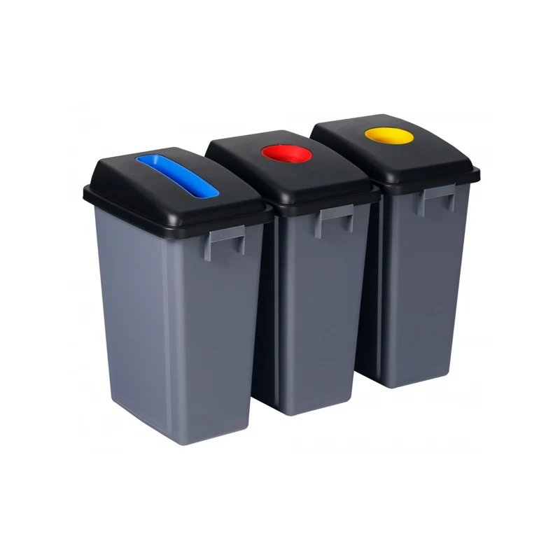 Station de recyclage - 3 poubelles - tri par couleur - capacité de 13,2 gal (60 L) chacune - grise