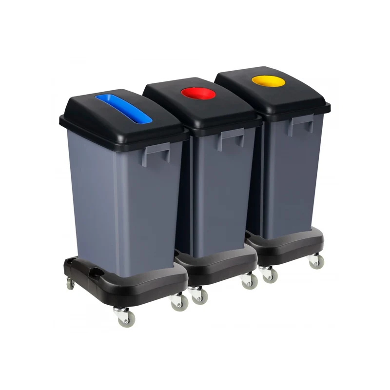 Station de recyclage - 3 poubelles - tri par couleur - capacité de 13,2 gal (60 L) chacune - sur roues - grise