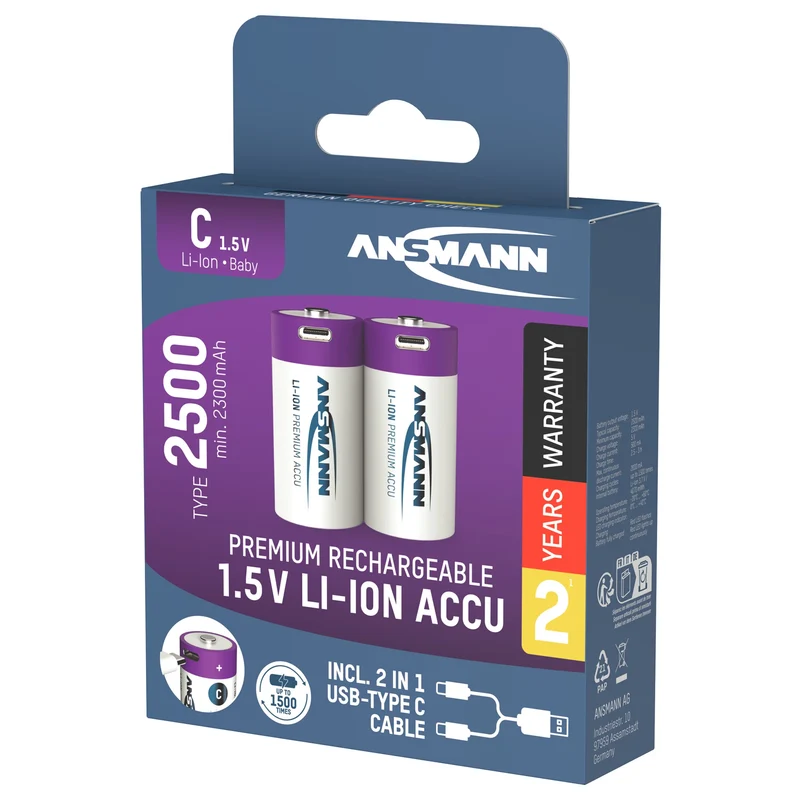 ANSMANN - batterie rechargeable Li-Ion 2x C 2500mAh + câble