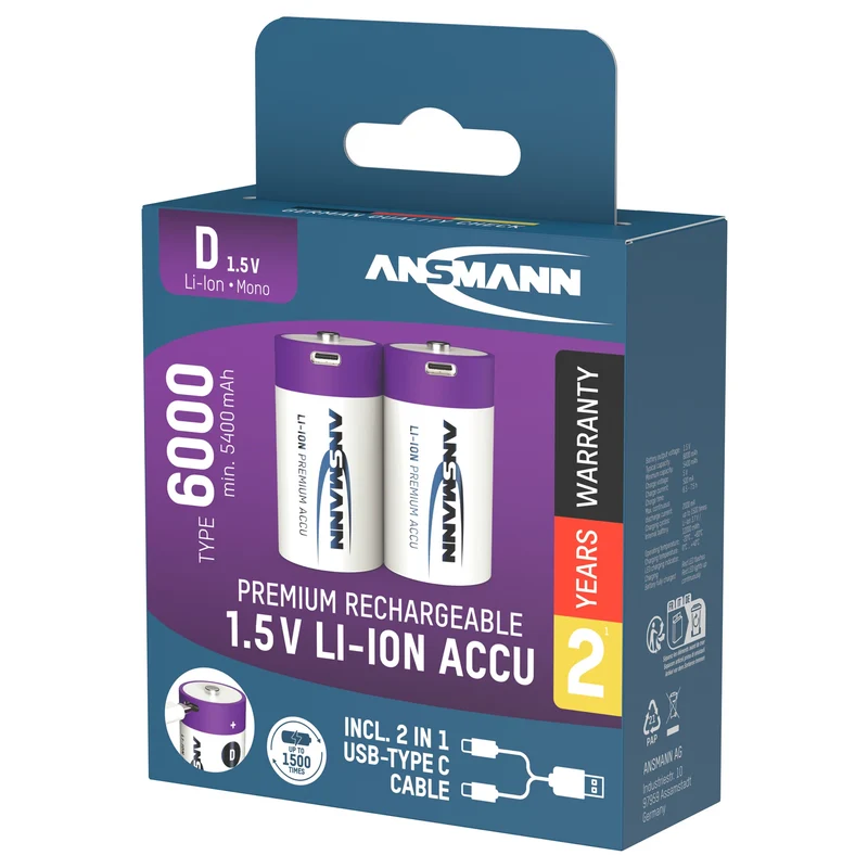 ANSMANN - batterie rechargeable Li-Ion 2x D 6000mAh + câble