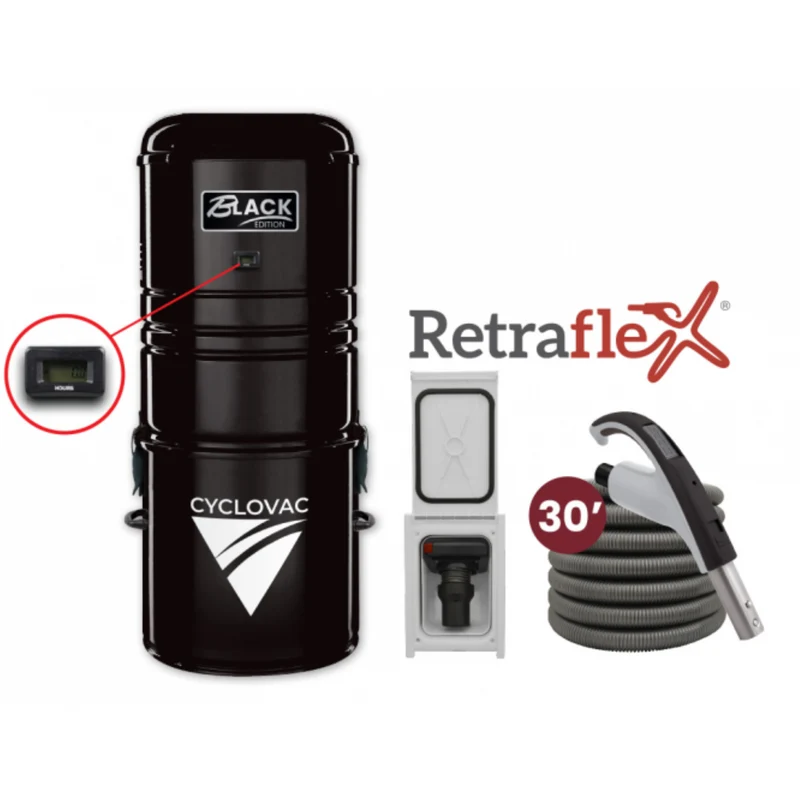 Retraflex Combo - 125 Black Edition central vacuum with bag and 1 retractable hose inlet, including accessories and installation kit - 30' (9.14 m) - Speedyflex hose