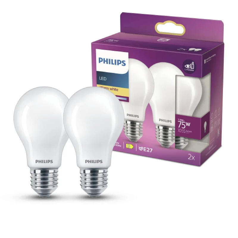 PHILIPS - Lampe - E27 - 75 W - 1055 lumens - 2700 K - Matte - Poire - Duo Pack