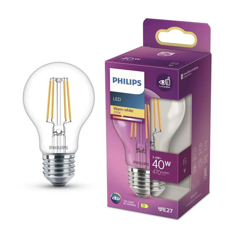 PHILIPS - Lampe - E27 - 40 W - 470 lumens - 2700 K - Clair - Poire
