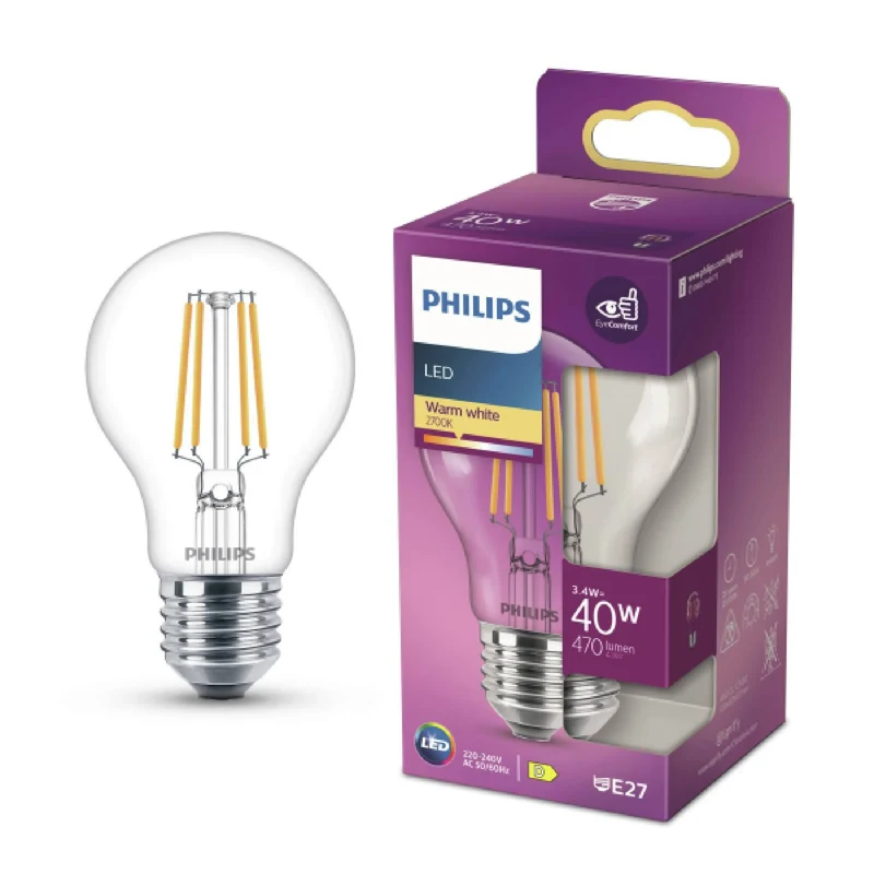PHILIPS - Lampe - E27 - 40 W - 470 lumens - 2700 K - Clair - Poire