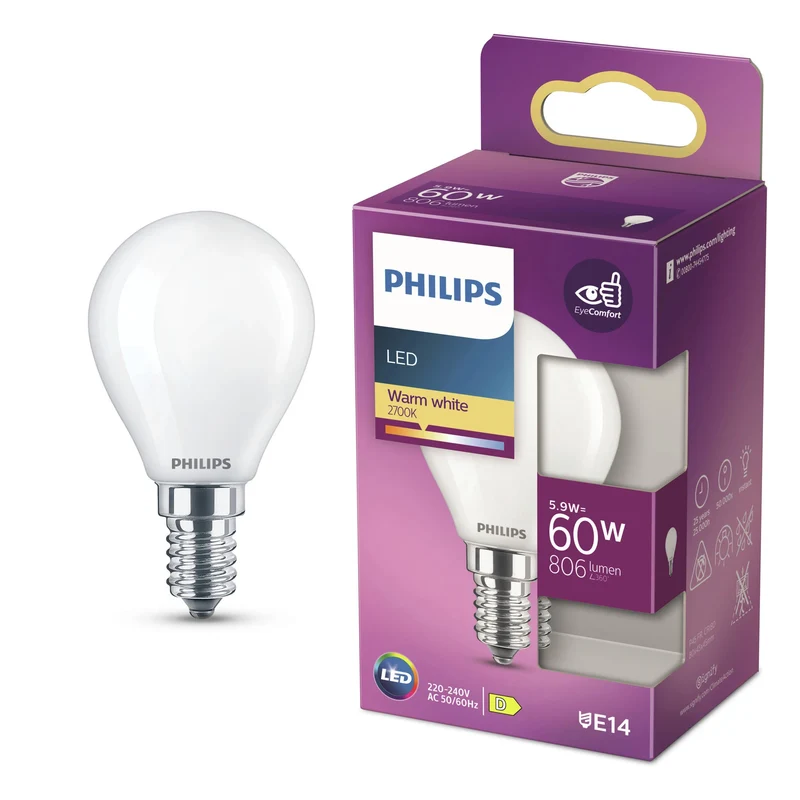 PHILIPS - Lampe - E14 - 60 W - 806 Lumens - 2700 K - Matte - Poire - Duo Pack