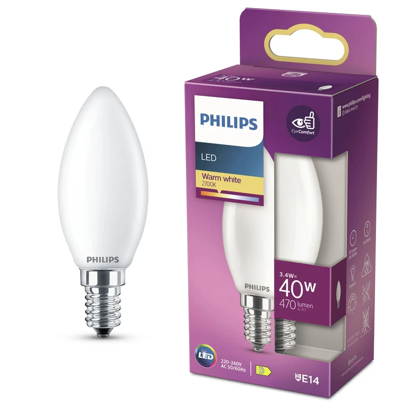 PHILIPS - Lampe - E14 - 40 W - 470 lumens - 2700 K - Matte - Bougie