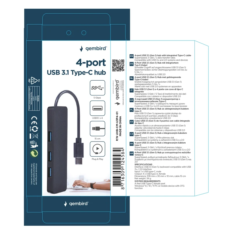 GEMBIRD - Station d’amarrage - USB-C (Mâle) - 4 x USB-A (femelle) 0.15 m USB 3.1