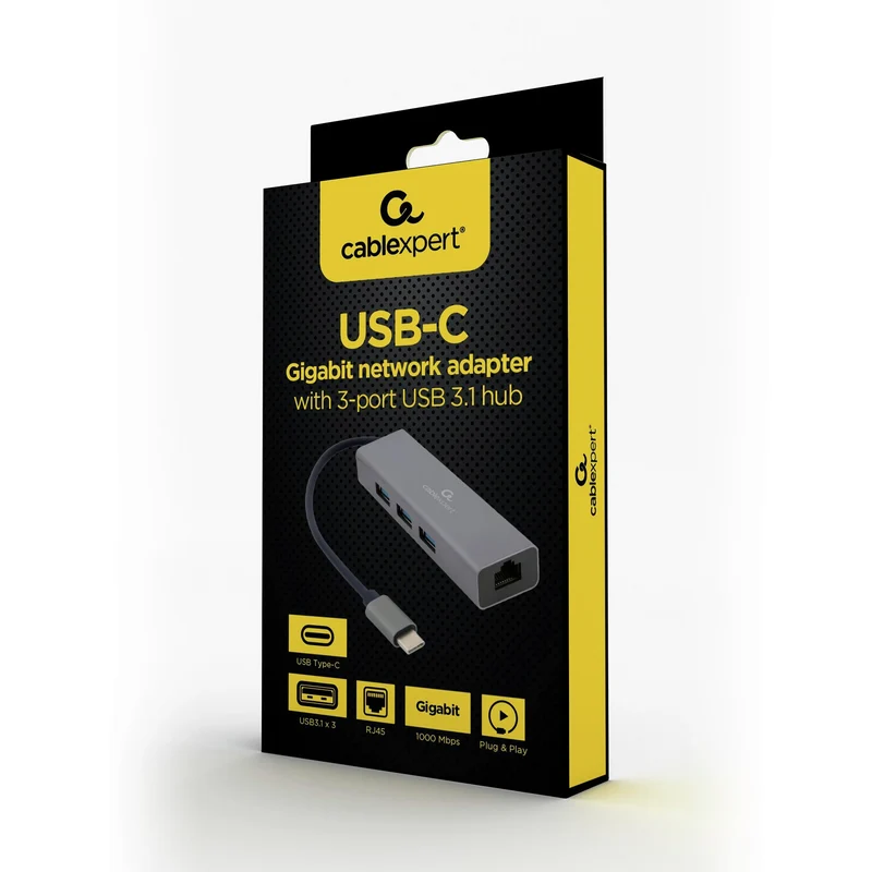 CABLEXPERT - Station d’amarrage - USB-C (Mâle) - 3 x USB-A (femelle) + CAT6 (femelle) 0.15 m USB 3.1 - 1000 mbs