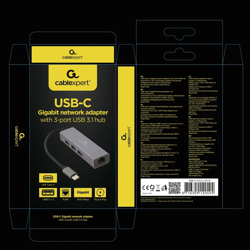 CABLEXPERT - Station d’amarrage - USB-C (Mâle) - 3 x USB-A (femelle) + CAT6 (femelle) 0.15 m USB 3.1 - 1000 mbs