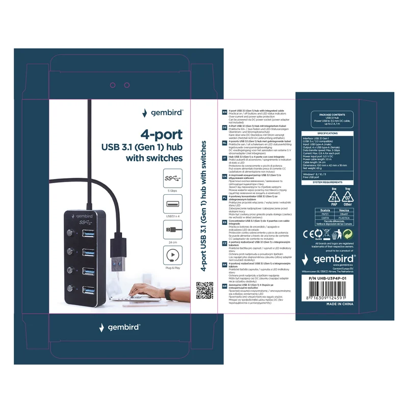GEMBIRD - Station d’amarrage - USB-A (Homme) - 4 x USB-A (femelle) 0.15 m USB 3.1| commutable