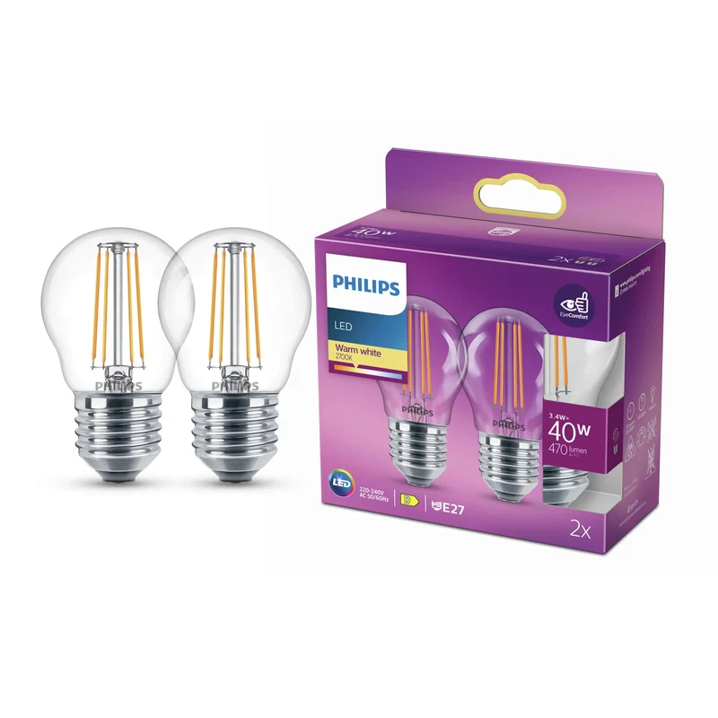 PHILIPS - Lampe - E14 - 40 W - 470 lumens - 2700 K - Clair - Poire - Duo Pack