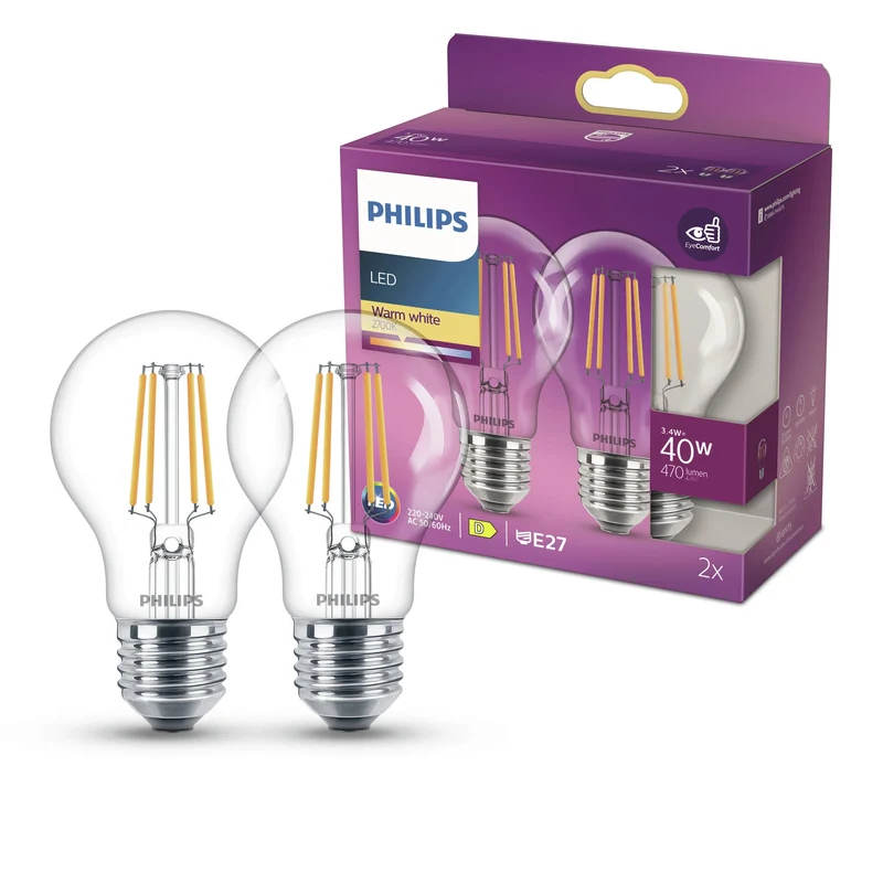 PHILIPS - Lampe - E27 - 40 W - 470 lumens - 2700 K - Clair - Poire - Duo Pack