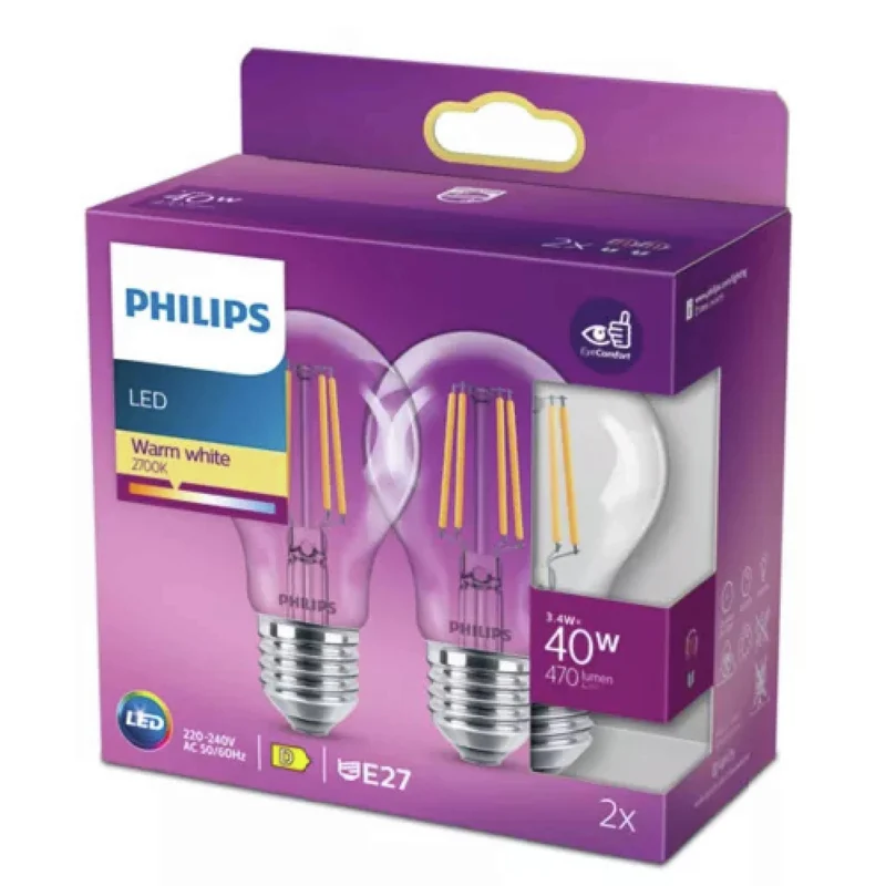 PHILIPS - Lampe - E27 - 40 W - 470 lumens - 2700 K - Clair - Poire - Duo Pack