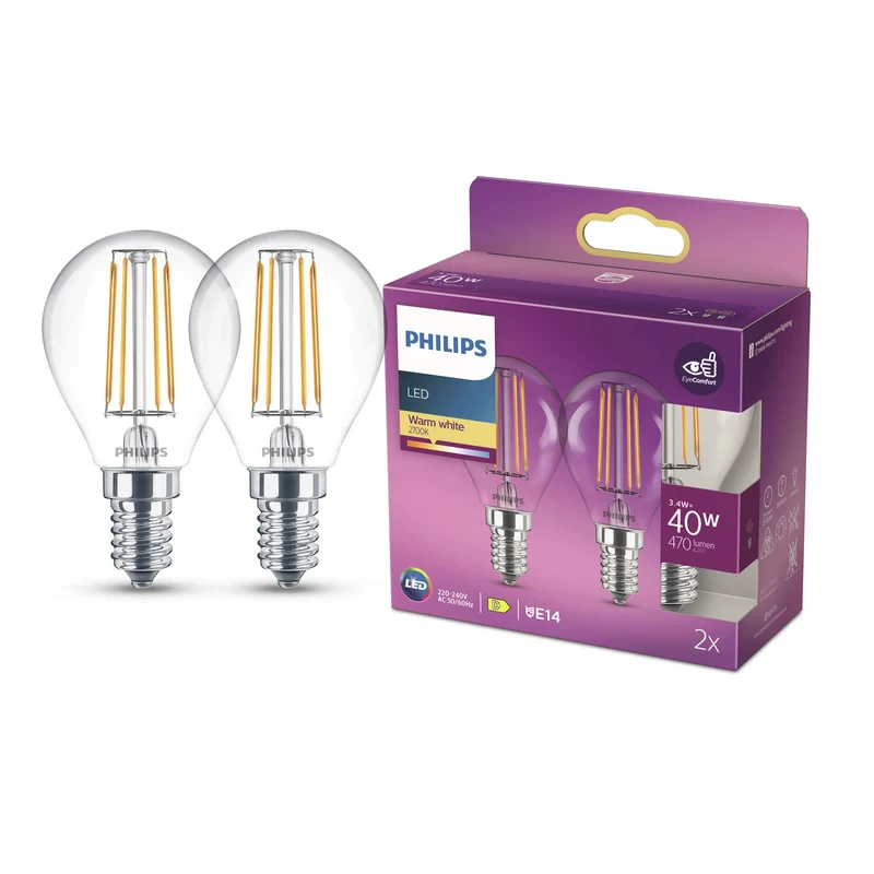 PHILIPS - Lampe - E14 - 40 W - 470 lumens - 2700 K - Clair - Poire - Duo Pack