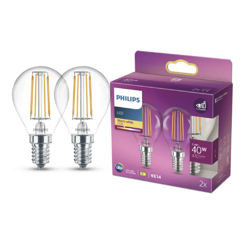 PHILIPS - Lampe - E14 - 40 W - 470 lumens - 2700 K - Clair - Poire - Duo Pack