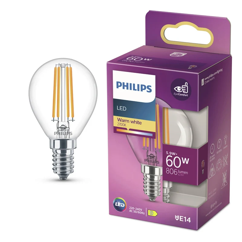 PHILIPS - Lampe - E14 - 60 W - 806 Lumens - 2700 K - Clair - Poire