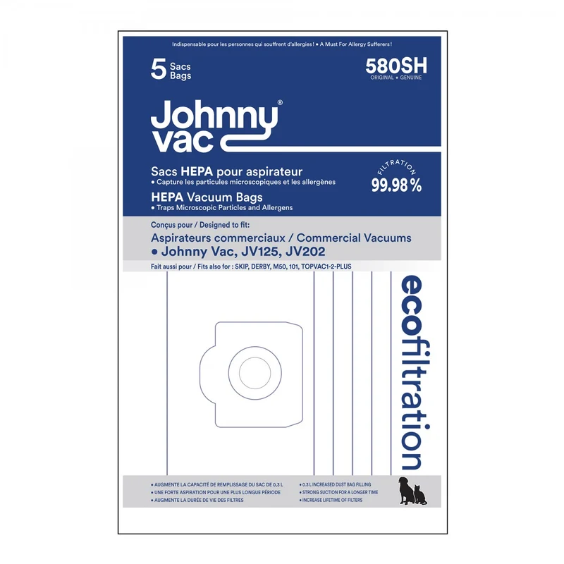 HEPA Microfilter Bag for Johnny Vac Vacuum JV125 and JV202 - Pack of 5 Bags