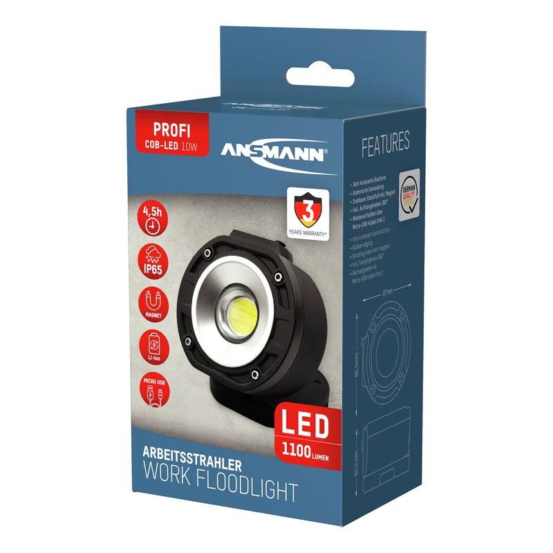ANSMANN FL1100R - Lampe de travail LED rechargeable - Base magnétique rotative - Crochet suspendu - Rechargeable - 10 W - 1100 Lumen - 6000 K - Brillant - Projecteur