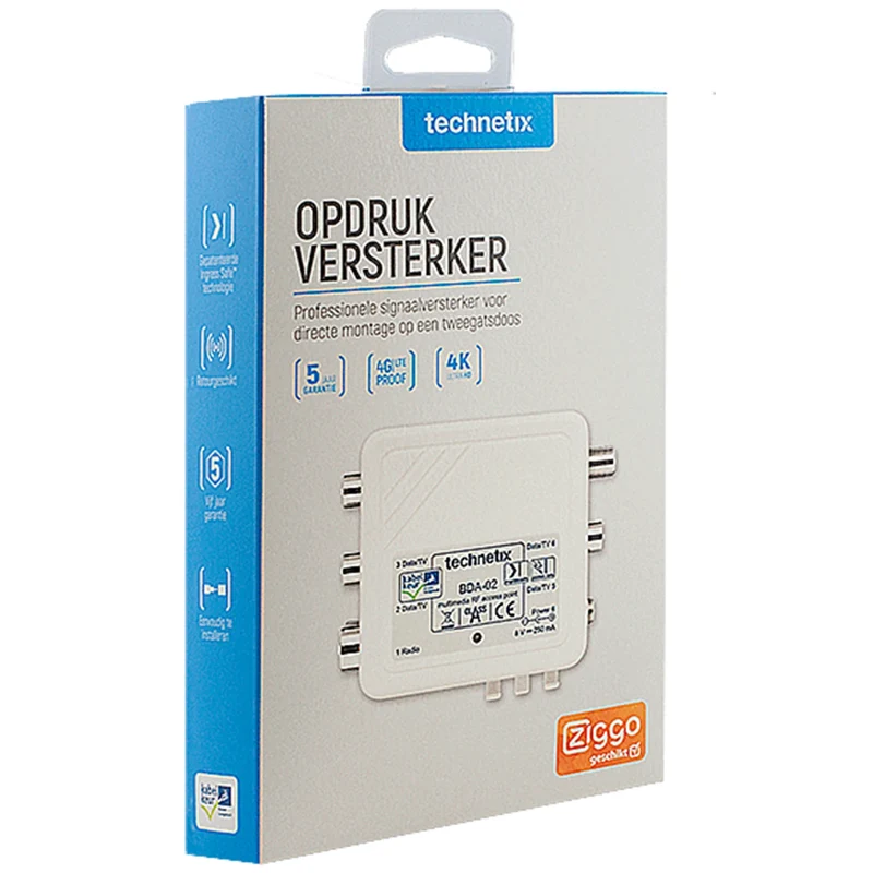 TECHNETIX - Connecteur - Adaptateur - COAX (Femelle) + COAX (Mâle) - COAX (Femelle) + 4 x COAX (Mâle) - Compatible Ziggo|Kabelkeur|Amplification 4 x 4dB(15 m)|BDA-02