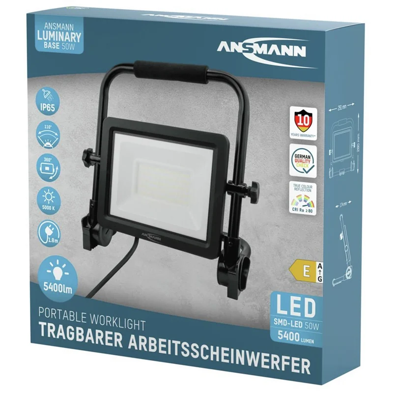 ANSMANN FL50W - AC - Lumière de travail LED - Cadre robuste - Orientable - Suspendu - 50 W - 2200 Lumen - 5000 K - Brillant - Projecteur