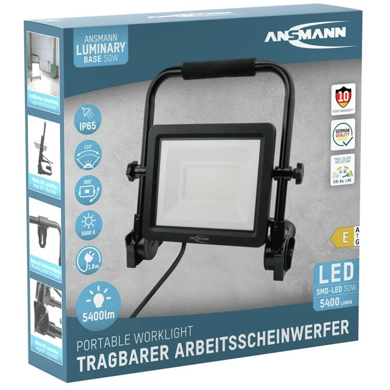ANSMANN FL50W - AC - Lumière de travail LED - Cadre robuste - Orientable - Suspendu - 50 W - 2200 Lumen - 5000 K - Brillant - Projecteur