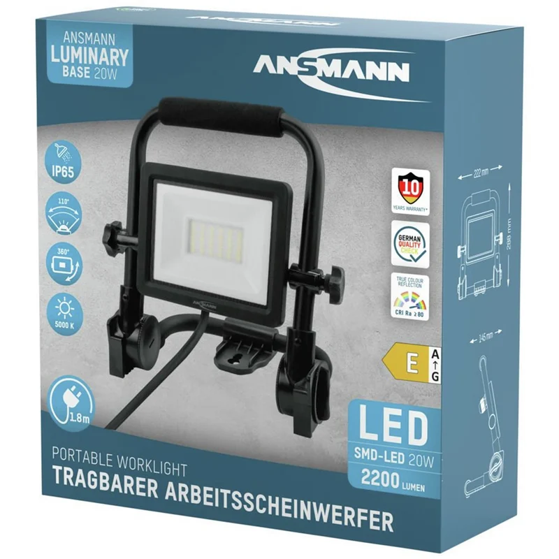 ANSMANN FL20W - AC - Lumière de travail LED - Cadre robuste - Orientable - Suspendu - 20 W - 2200 Lumen - 5000 K - Brillant - Projecteur
