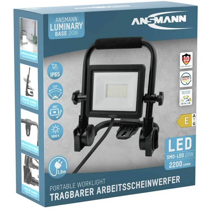 ANSMANN FL20W - AC - Lumière de travail LED - Cadre robuste - Orientable - Suspendu - 20 W - 2200 Lumen - 5000 K - Brillant - Projecteur