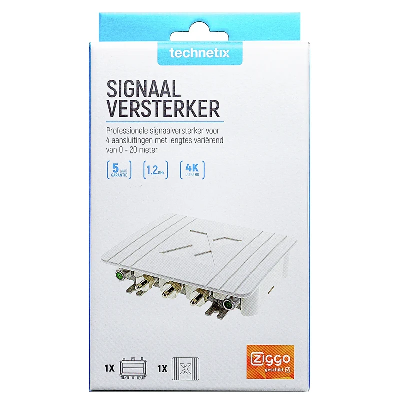 TECHNETIX - Amplificateur - F-connector (Femelle) - 4 x F-connector (Femelle) - Compatible Ziggo|Kabelkeur|Gain 1 x 0 dB (5 m) 1 x 2 dB (10 m) 1 x 4 dB (15 m) 1 x 8 dB (35 m) | FRA-752X