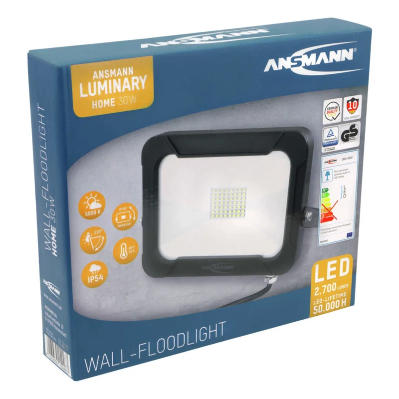 ANSMANN WFL2400 - Lampe murale à LED - IP 65 - Orientable - Support suspendu - 20 W - 2700 Lumen - 5000 K - Brillant - Projecteur