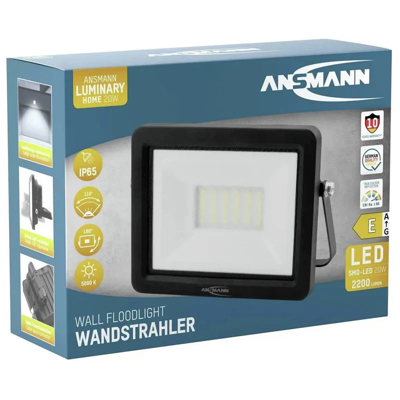 ANSMANN WFL20W - Lampe murale à LED - IP 65 - orientable - support de suspension - 20 W - 2200 Lumen - 5000 K - Brillant - Projecteur