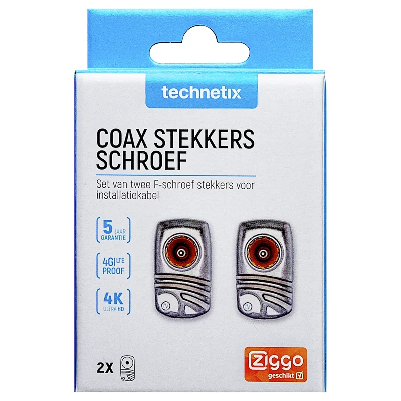 TECHNETIX - Prise - Adaptateur - COAX - 1 x F-connector (Mâle) + 1 x F-connector (Femelle) - Enfichable |Coudé |Vissé |Compatible Ziggo|Kabelkeur