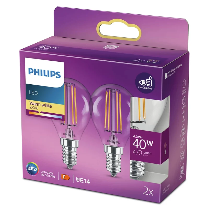 PHILIPS - Light Bulb - E14 - 40 W - 470 Lumen - 2700 K - Bright - Bulb - Duo Pack