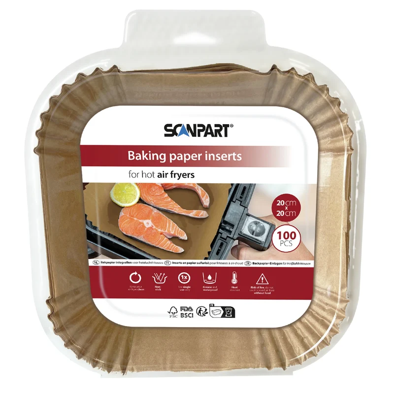 SCANPART - Papier cuisson pour friteuse à air chaud - 100 pièces - 20 cm x 20 cm x 4,5 cm