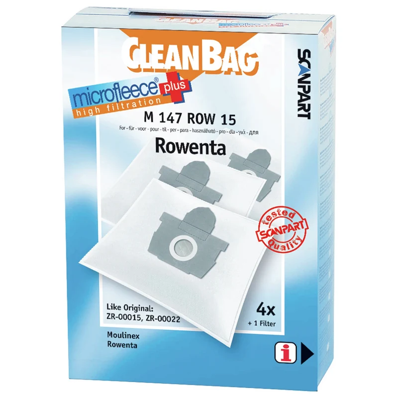 CLEANBAG M147ROW-15 - 4 Sacs d´aspirateur - 1 Microfiltre - adapté pour Rowenta | Moulinex ZR-00015 | ZR-00022