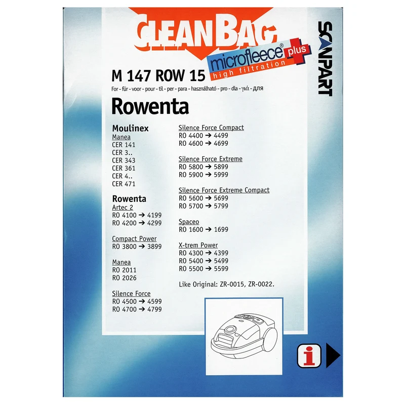 CLEANBAG M147ROW-15 - 4 Sacs d´aspirateur - 1 Microfiltre - adapté pour Rowenta | Moulinex ZR-00015 | ZR-00022