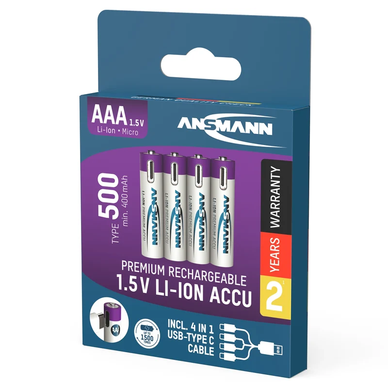ANSMANN Li-Ion - USB-C AAA | HR03 - Multipack - 4 Pièces - 1.5 V - 500 mAh - Rechargeable Batterie